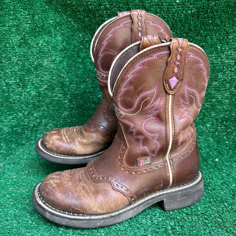 Justin Gypsy Womens L9903 Brown Leather Pink Stitch Western Boots Size 5.5 B